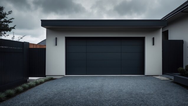 Modern house featuring a sectional tilting black garage door and entrance gate