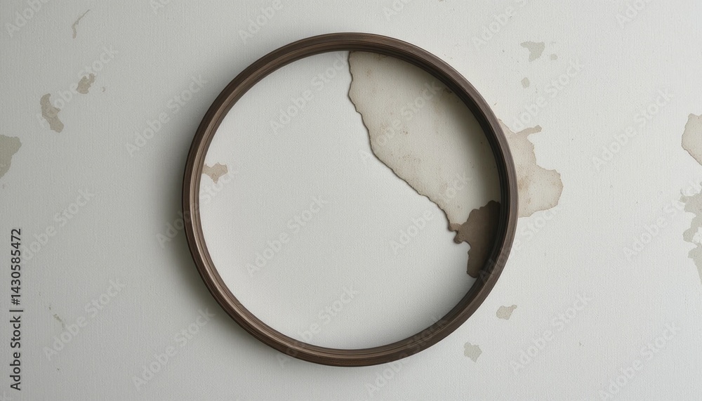 Poster abstract art displaying a circular frame with water stains on wall indoor setting photography minima