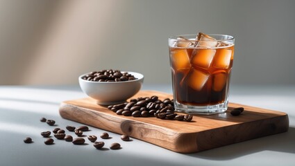 Glass of iced coffee with coffee beans on wooden board