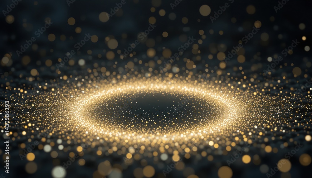 Poster illuminating golden particles abstract space digital art dark background close-up view cosmic concep