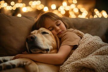 Little girl cuddling with golden retriever dog on sofa under knitted blanket in warm indoor lighting, capturing love, trust, and cozy childhood moments in a calm home.
