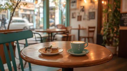 Delicious Latte and Pastry at Cozy Cafe Wooden Table City View