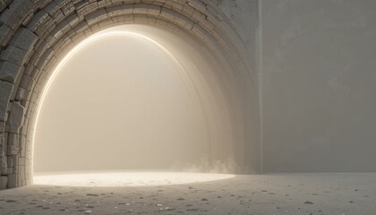 Illuminated archway entrance abandoned tunnel digital art minimalist design surreal environment atmospheric perspective