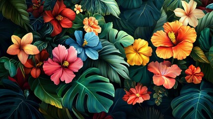 Vibrant Tropical Hibiscus and Monstera Leaves
