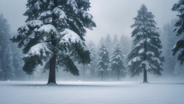 Winter landscape with snow-covered pine trees under a blue sky