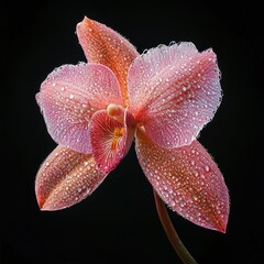 Delicate pink orchid with water droplets, showcasing intricate patterns and textures.