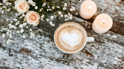 Romantic Latte Art Coffee with Roses and Candles on Rustic Wood Table