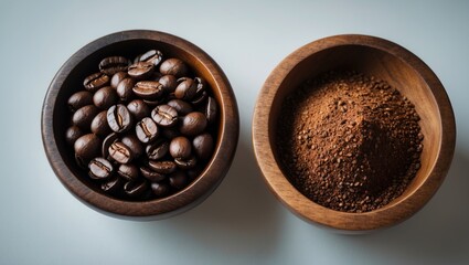 Fototapeta premium Coffee ground powder in wooden bowls isolated on background