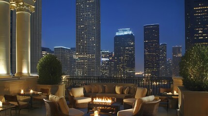 Luxurious Rooftop Terrace with City Skyline at Night Fire Pit and Comfortable Seating