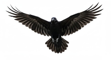 Naklejka premium Raven with open wings flying on white background