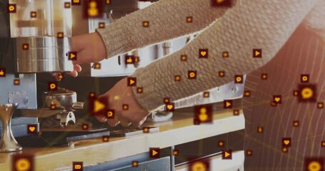 Barista hands locking portafilter under espresso machine while digital marketing icons floating - Powered by Adobe