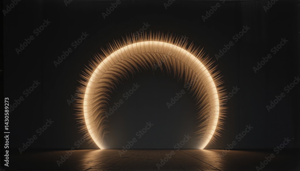 Poster dynamic light installation creating a captivating circular pattern in a dark space artistic display 