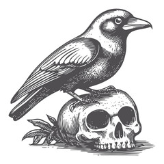 Naklejka premium Vintage Engraving of a Bird on a Skull in Classic Woodcut Style