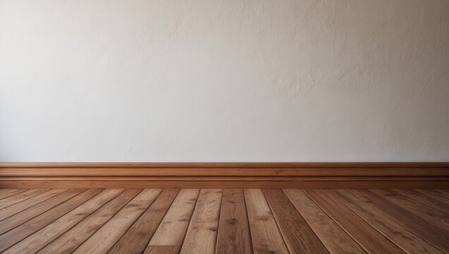 Side perspective of a wooden floor with baseboard against a white wall, featuring vintage texture and empty room backdrop for product display