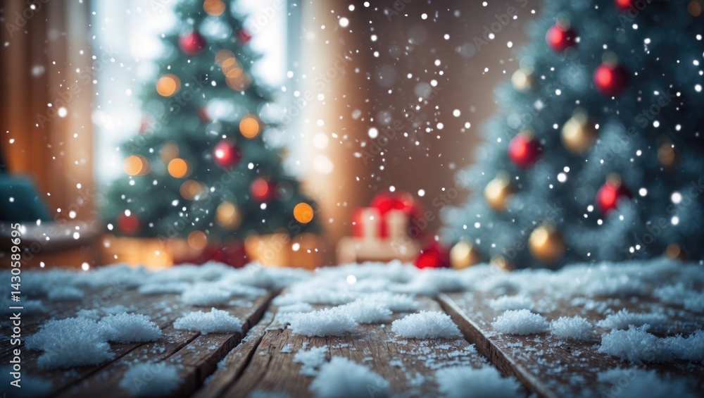 Aufkleber wooden tabletop with a snowy blurred bokeh backdrop - suitable for displaying or montaging your prod
