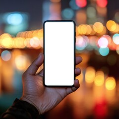 Person holding a smartphone with a blank screen against a vibrant city skyline at night
