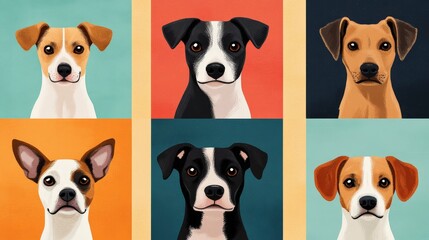 Fototapeta premium Colorful Collage of Mutts Featuring Various Breeds and Sizes in a Playful Artistic Style