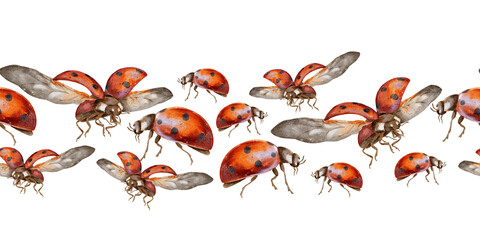 Red ladybugs seamless border watercolor illustration. Red insects with black dots for children's parties, packaging, children's interior and clothing, dishes