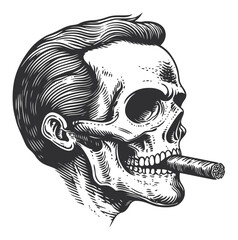 Naklejka premium Vintage Engraving of Skull with Cigar and Stylish Haircut