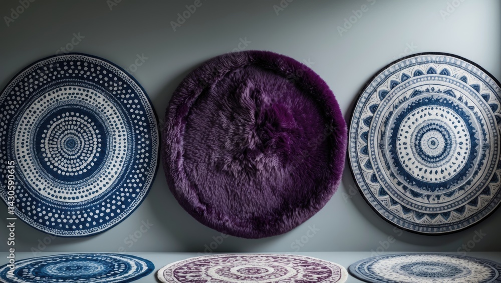 Poster top view of various round carpets with different patterns and textures on background