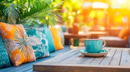 Serene Outdoor Cafe Scene Colorful Pillows Coffee Sunny Morning