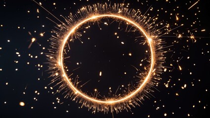 Firework-lit round letter O in long exposure with sparks on a dark background