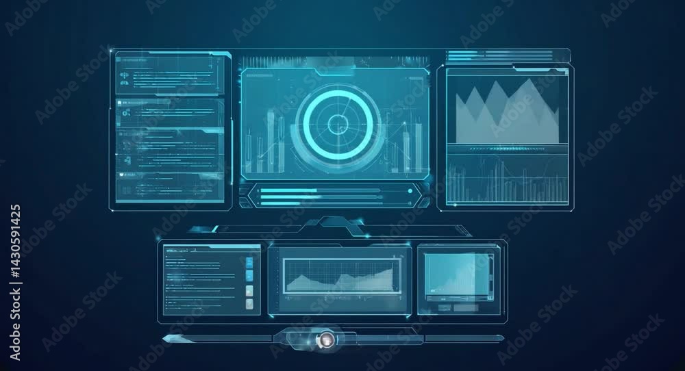 Poster futuristic computer interface with multiple displays.