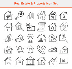 Fototapeta premium Real Estate Line Icons Set Houses, Key, Bank, Sale, Tax, Rent and Other Properties