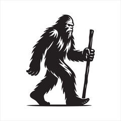Obraz premium Black and white silhouette of a walking Yeti (Bigfoot) holding a walking stick in one hand