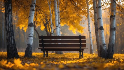 Relaxing spot on a wooden bench amidst fall landscape of trees and leaves