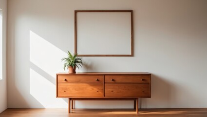 Wooden console table and potted plant in a minimalist interior.