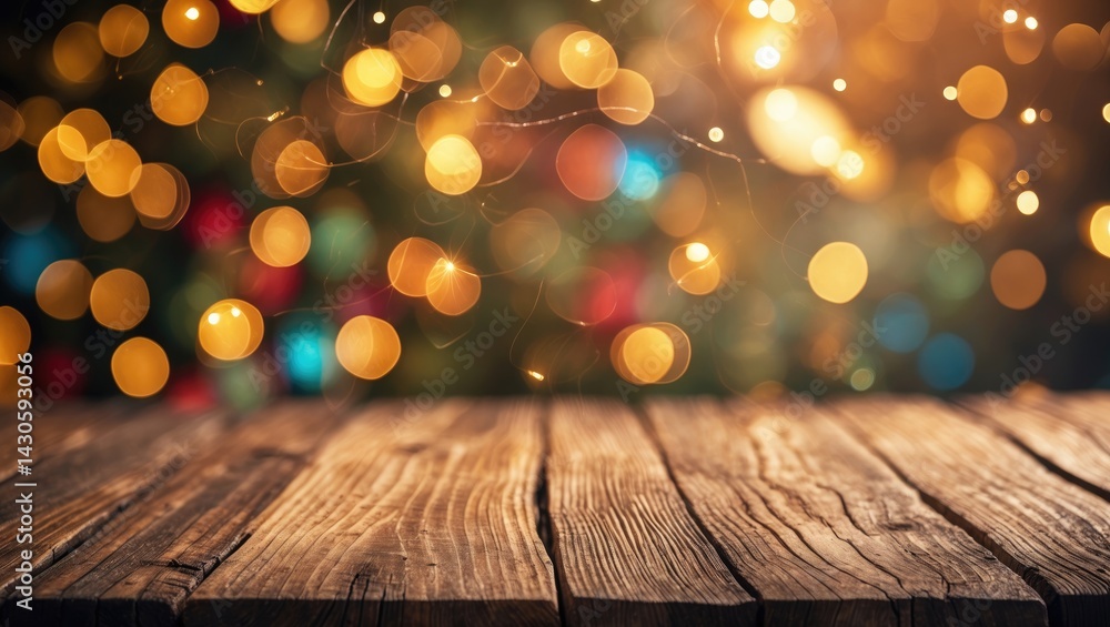 Poster snowy wood table surface with decorative light bokeh - suitable for showcasing or assembling your pr
