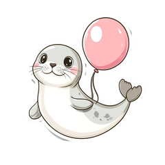Obraz premium Playful anime seal with balloon creative studio sticker design whimsical environment front view cute illustration
