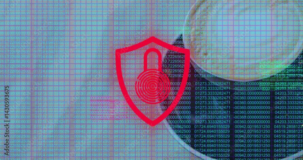 Aufkleber red shield icon floating above turquoise numeric grid overlay featuring fingerprint security design