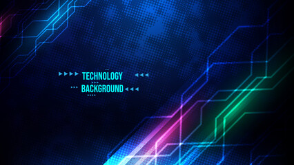 Blue technology background with glowing light effect and circuit board lines. High-tech digital banner design for online or tech-themed promotion, web presentation, flyer print. Vector illustration.