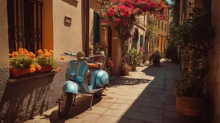 Fototapete Rund Vintage   scooter parked on colorful sunlit street in a small Italian town, flowers in windows, romantic summer feel © kazakova0684