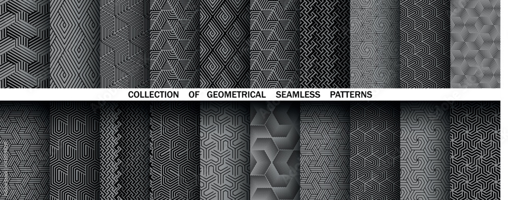 Fototapete Geometric set of seamless black and gray patterns. Simple vector graphics