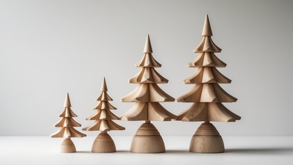 Vintage Style Wooden Christmas Trees Isolated on White Background