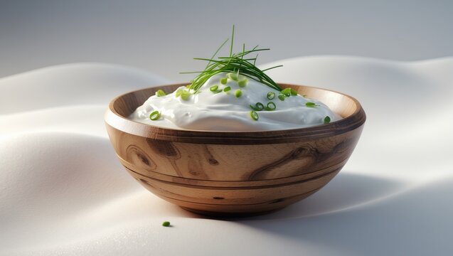 Wooden bowl filled with fresh sour cream herb dip and green onions set against a white backdrop - Powered by Adobe