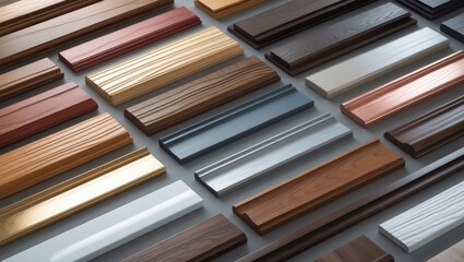 Wooden baseboard samples featuring a range of colors for various floor types.