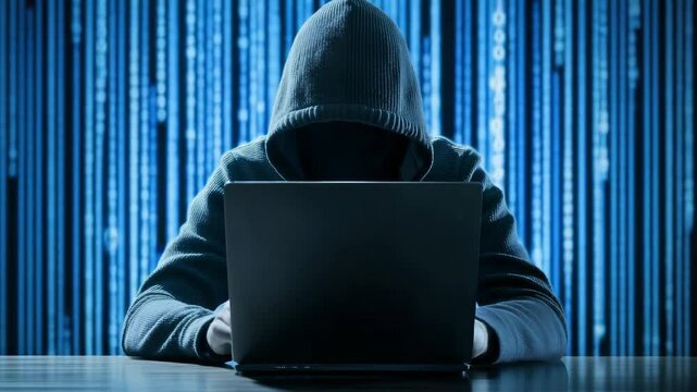 Hooded hacker using laptop for cybercrime and data theft