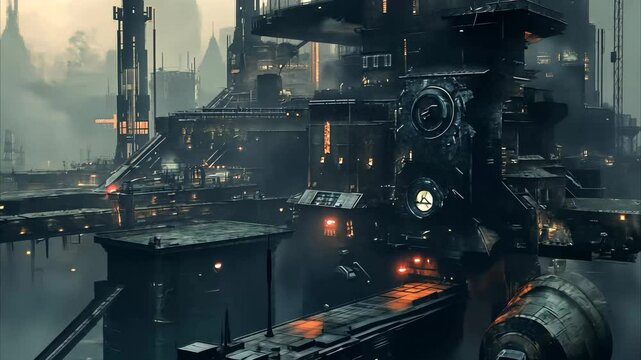 Nighttime steampunk cityscape with industrial machinery and towering smokestacks creating a mystic atmosphere, Industrial Steampunk Cityscape with Heavy Machinery and Fog
