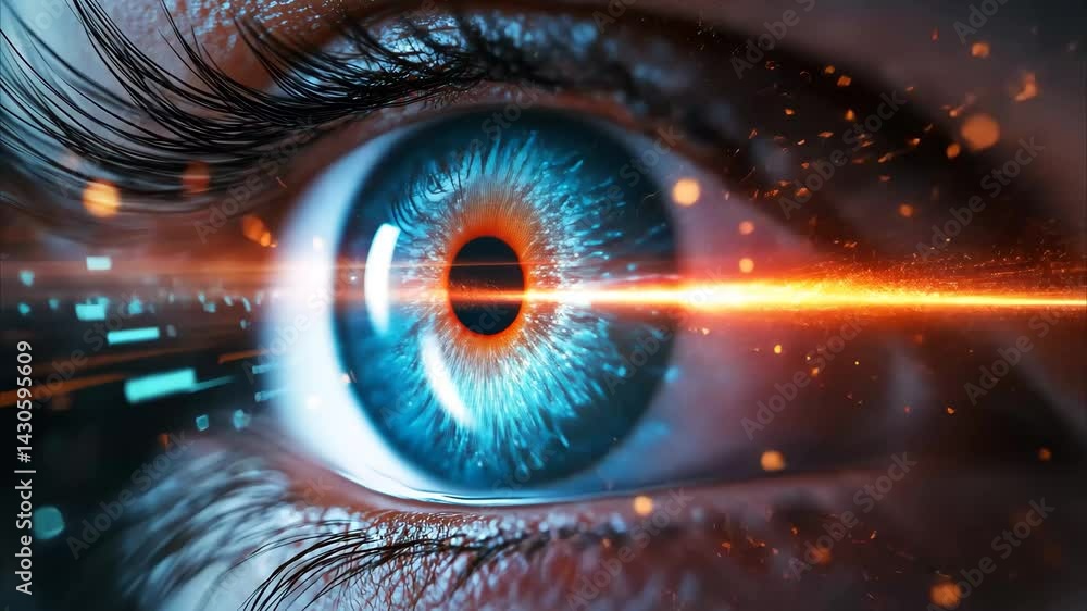 Poster Close up of a futuristic eye displaying intricate data streams and vibrant patterns, Wide view of an eye engaged in a futuristic data stream visualizing the potential of modern science