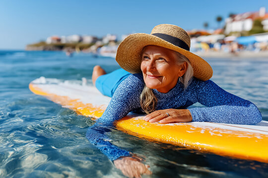 Smiling senior woman paddling on a surfboard in shallow water, wearing sun hat and rashguard, enjoying summer freedom