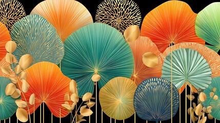 Abstract Tropical Leaf Art Print Teal Orange Gold Botanical Wall Decor