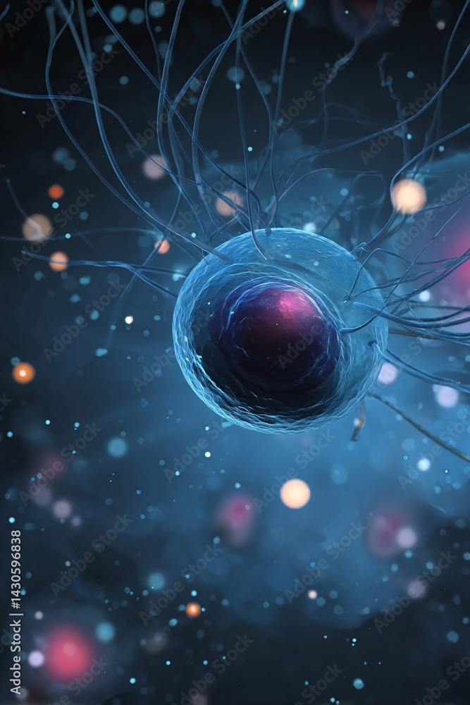 Poster abstract representation of a cell with glowing particles in a dark background, illustrating cellular