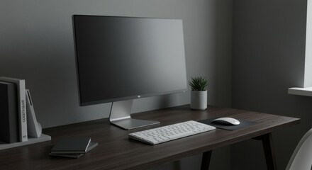 Computer on Desk with Keyboard Mouse and Plant