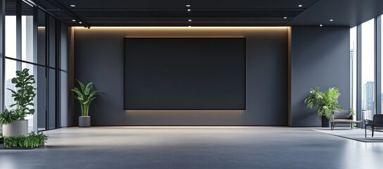 Modern Dark Office Lobby Interior Design with Large Blank Wall