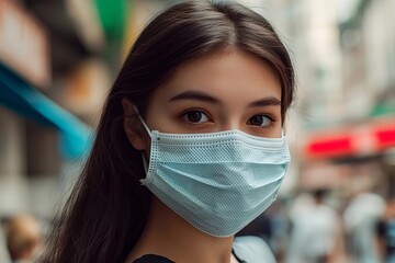 Everyday Pandemic Life: Young Woman in Face Mask in Busy City, Captured in Close-up Portrait