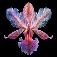 A stunning pink and purple orchid in full bloom against a black background.